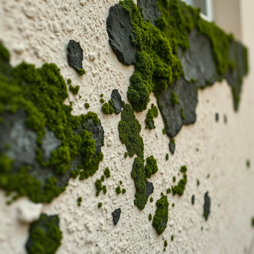 Mousses, algues et lichens sur un crépi de façade exposé nord : un cas typique d'encrassement biologique
