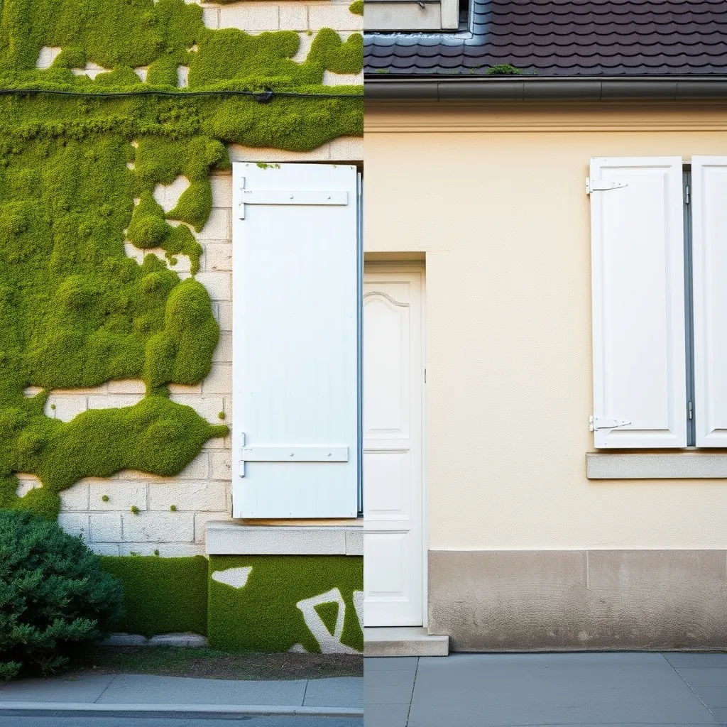Résultat avant et après un traitement anti mousse facade professionnel sur un mur en crépi