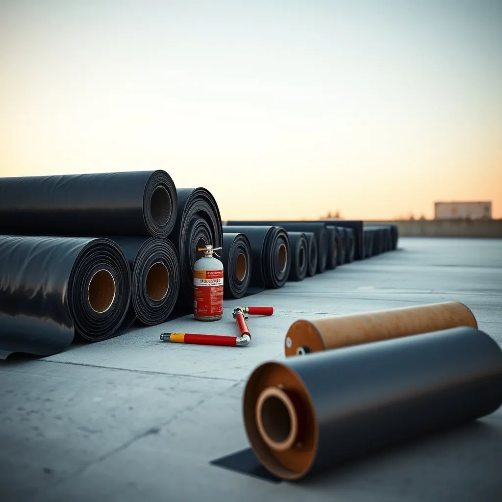 Rouleaux de membrane d'étanchéité et outillage sur un chantier de toiture-terrasse
