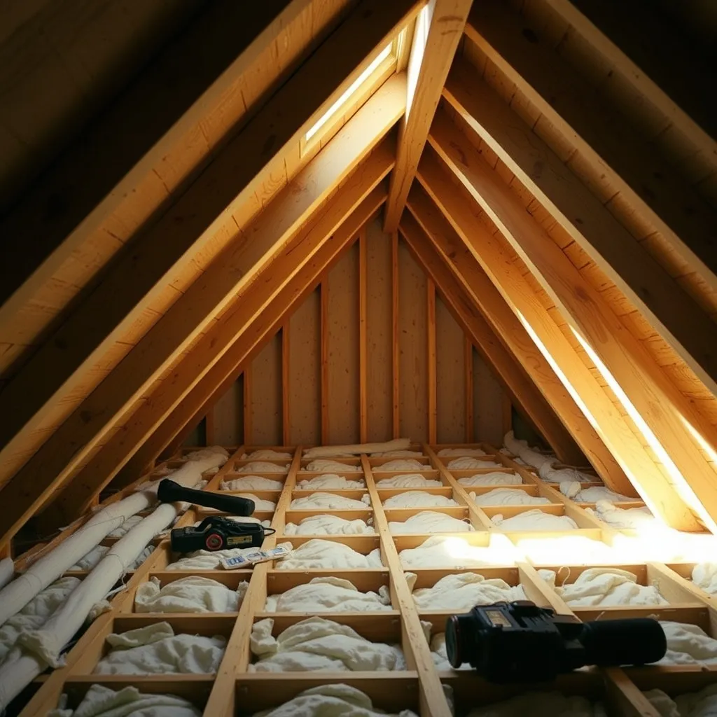 Isolation par rouleaux de laine de verre posés entre les solives d'un plancher de combles