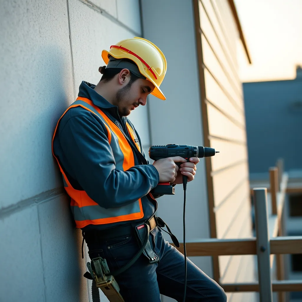 Artisan façadier fixant l'ossature secondaire du bardage ventilé sur l'isolant