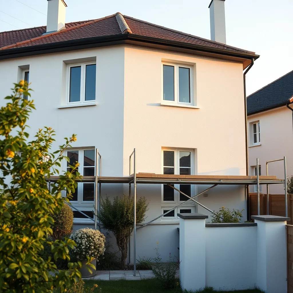 Maison après travaux d'isolation extérieure avec enduit de finition posé