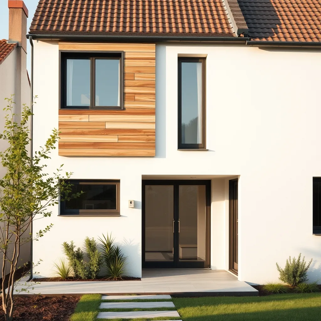 Façade bicolore associant enduit blanc et bardage bois naturel pour un rendu contemporain