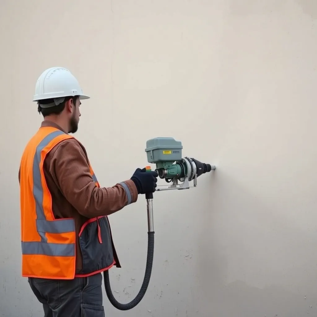 Projection mécanique d'un enduit monocouche à la machine sur une façade de maison