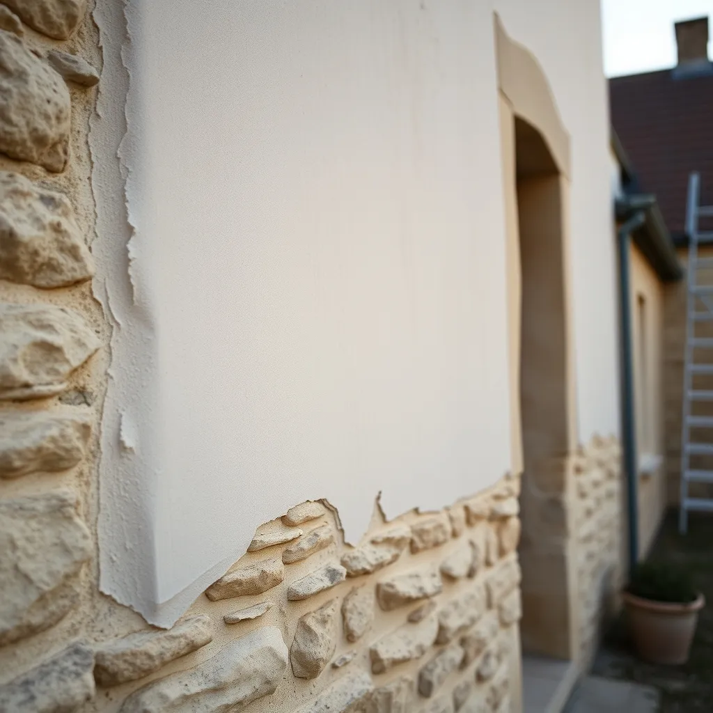 Enduit bicouche à la chaux en cours d'application sur un mur en pierre ancien