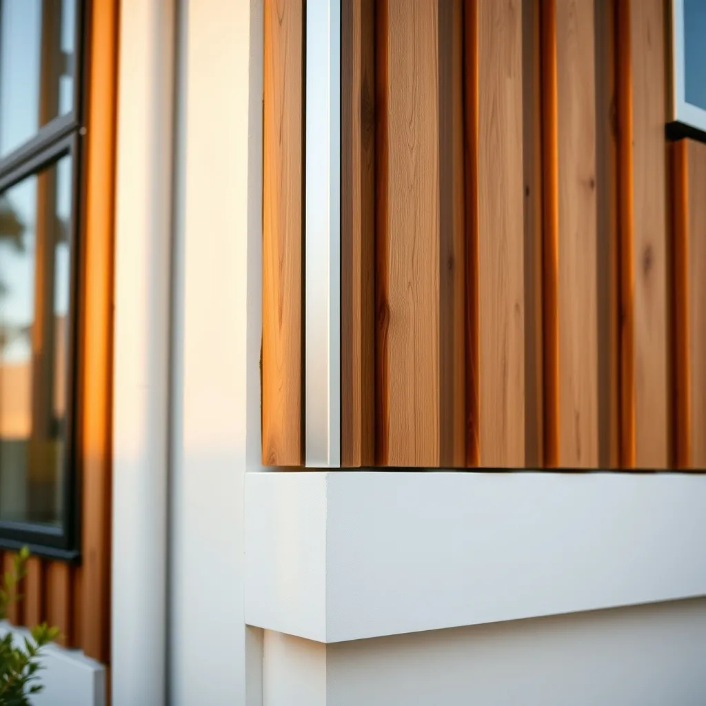 Détail de jonction entre enduit taloché et bardage bois avec profilé aluminium