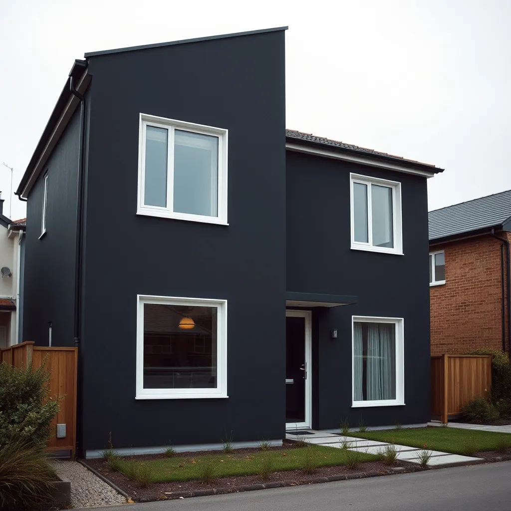 Façade contemporaine en enduit gris anthracite avec menuiseries blanches contrastées