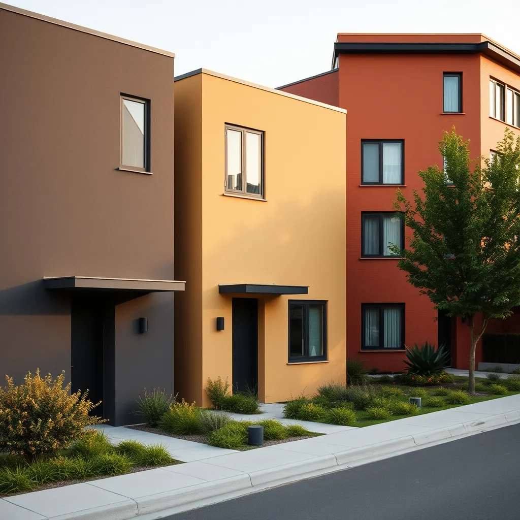 Trois maisons modernes illustrant les teintes tendance 2026 : anthracite, blanc cassé et terracotta