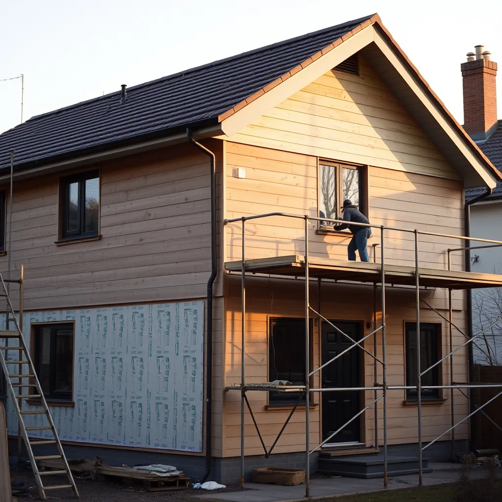 Chantier d'isolation par l'extérieur avec pose de bardage moderne sur une maison en rénovation