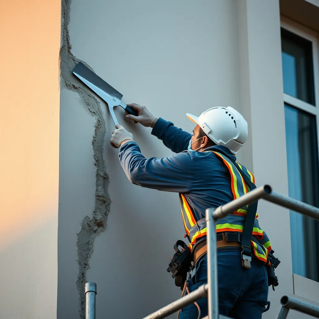Application d'un mortier de réparation sur une fissure de façade par un façadier professionnel