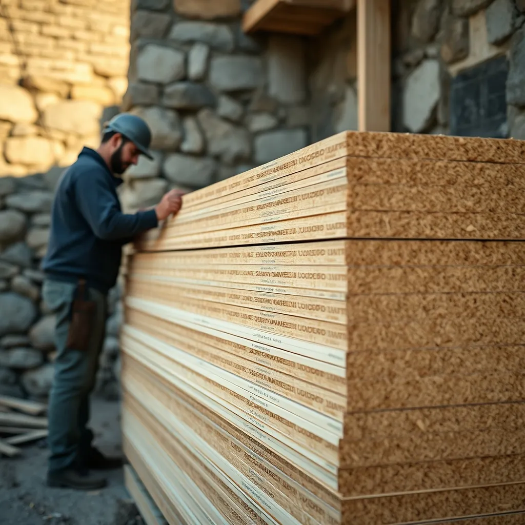 Panneaux de fibre de bois prêts à être posés sur un mur en pierre ancienne