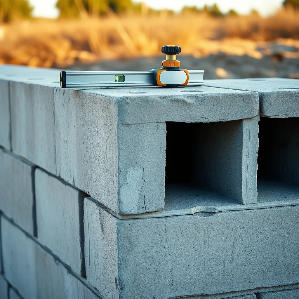 Élévation d'un mur en parpaings avec chaînage vertical sur un chantier dans l'Hérault