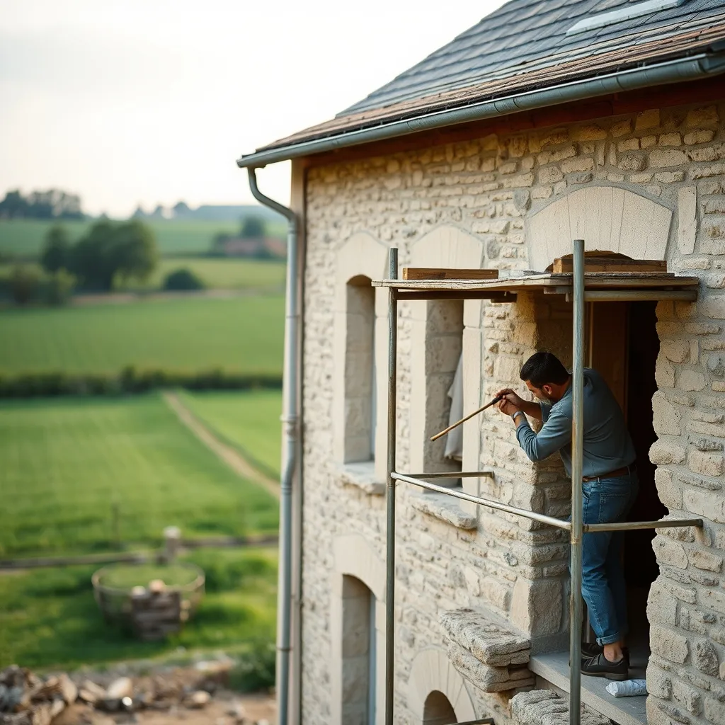 Chantier de rénovation de façade en pierre dans la campagne française