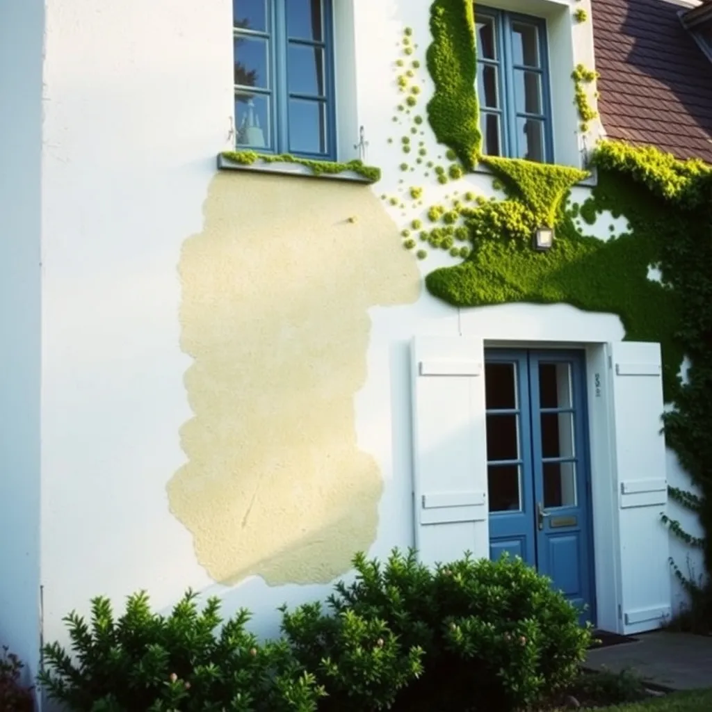 Résultat avant-après d'un traitement anti-mousse professionnel sur une façade en enduit