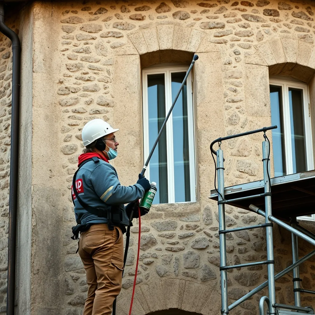 Application d'un traitement biocide basse pression sur une façade en pierre par un professionnel