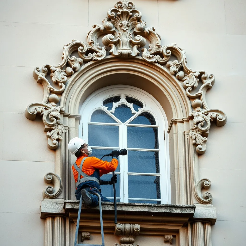 Hydrogommage d'un encadrement en pierre sculptée sur un bâtiment ancien