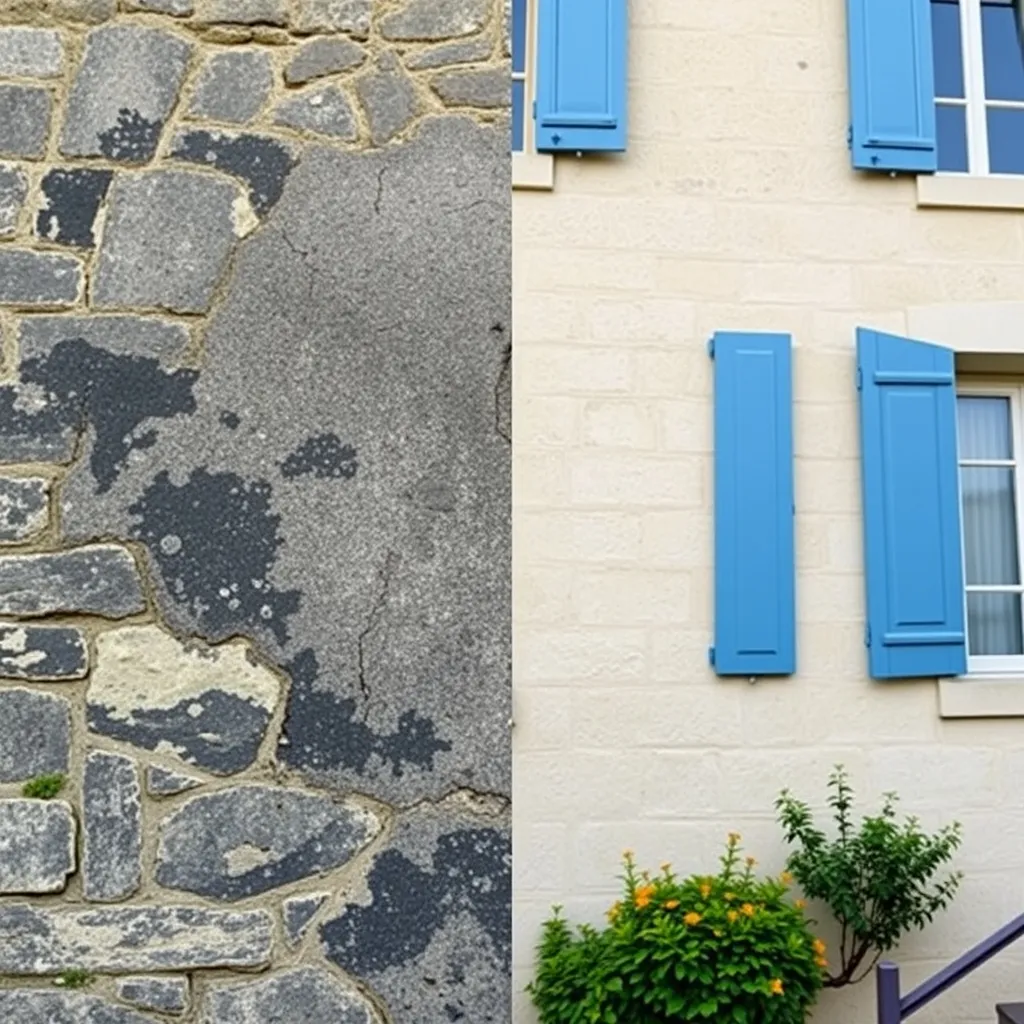 Résultat avant-après d'un nettoyage professionnel sur une façade en tuffeau de Loire