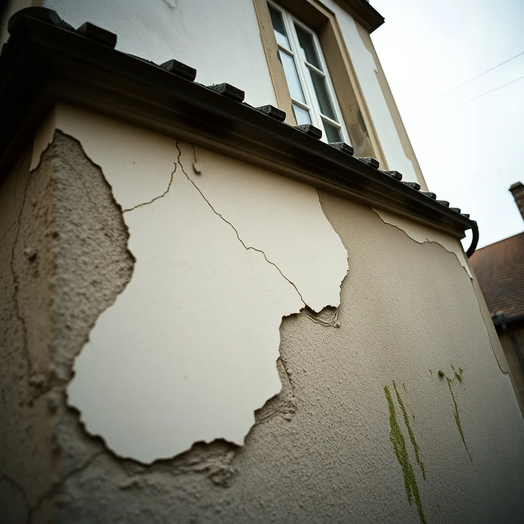 Façade dégradée présentant des fissures et des décollements d'enduit nécessitant un ravalement