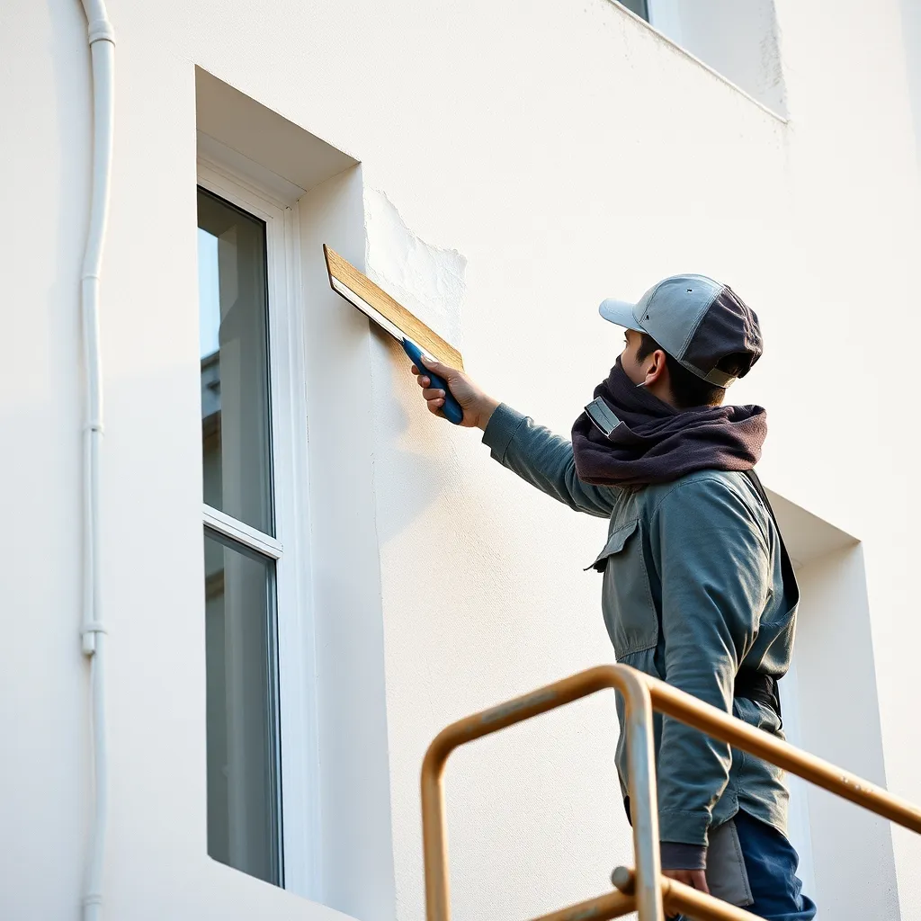 Application d'un enduit de façade par un artisan façadier qualifié lors d'un ravalement