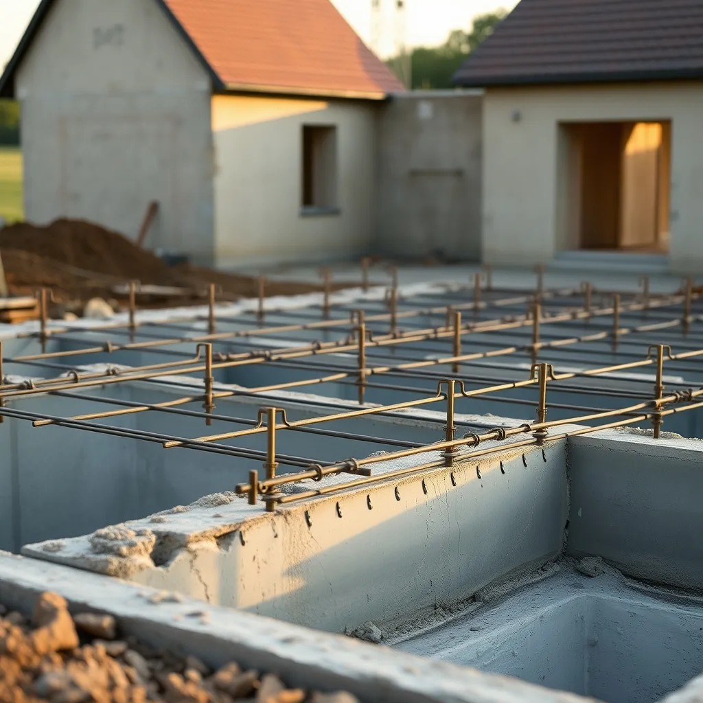 Fondations en béton armé avec ferraillage sur un chantier de construction neuve