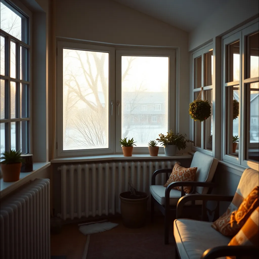 Véranda chauffée en hiver avec condensation visible sur les vitrages non isolés