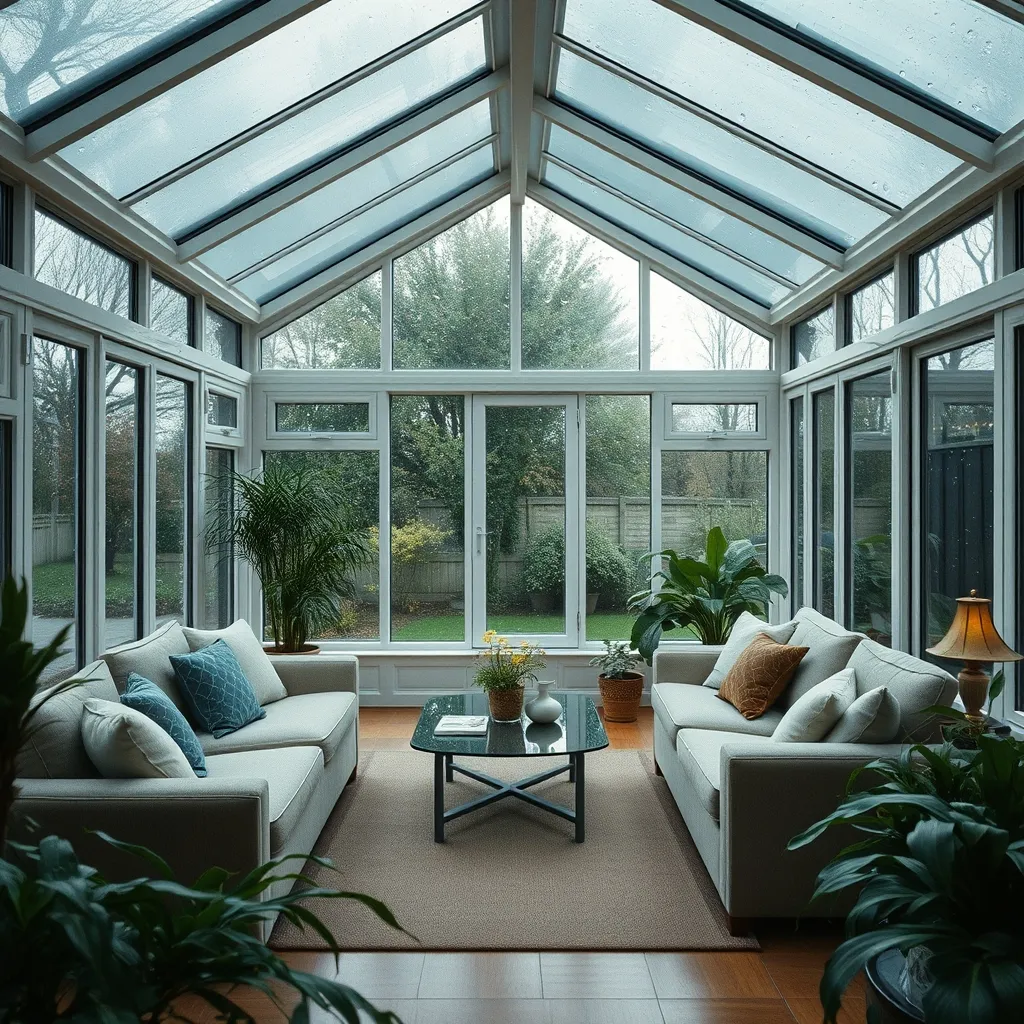 Intérieur d'une véranda quatre saisons aménagée en pièce de vie confortable