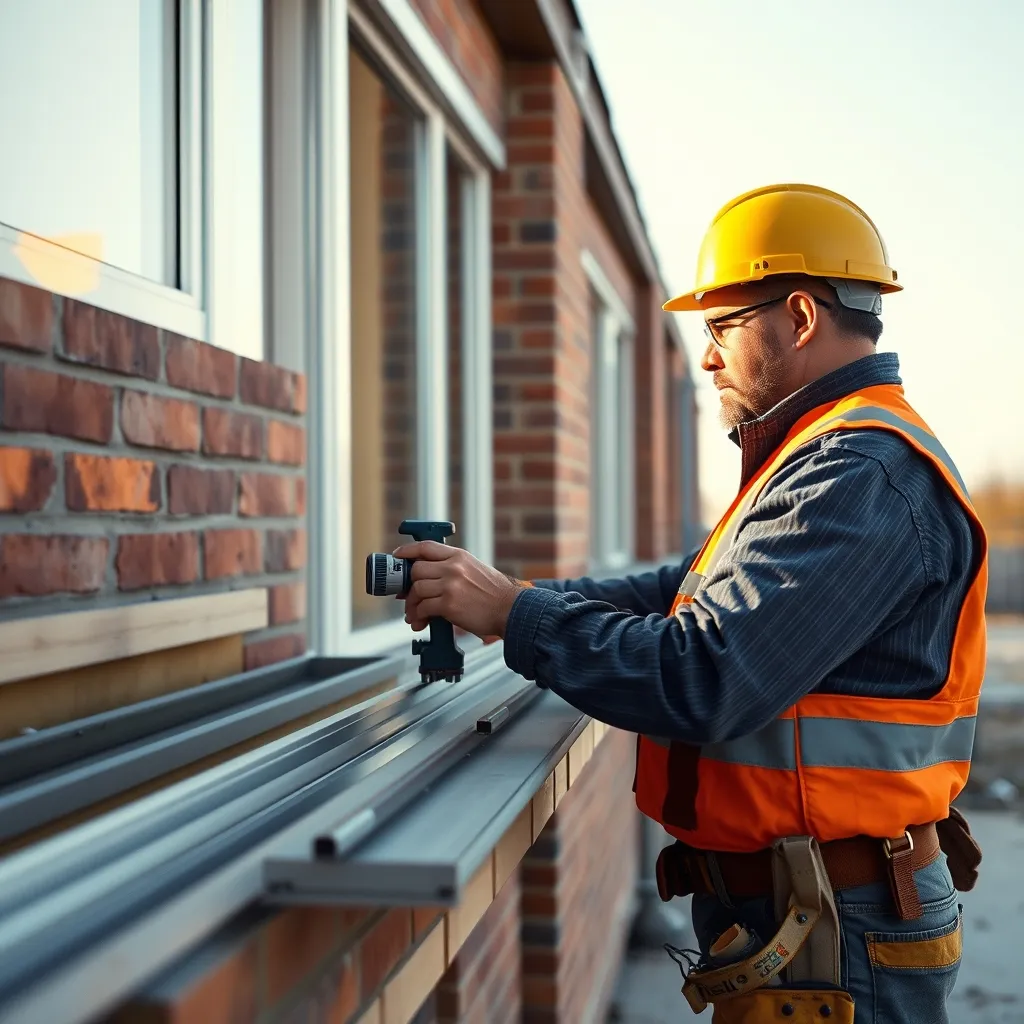 Installateur de véranda prenant les mesures sur le chantier avant la pose