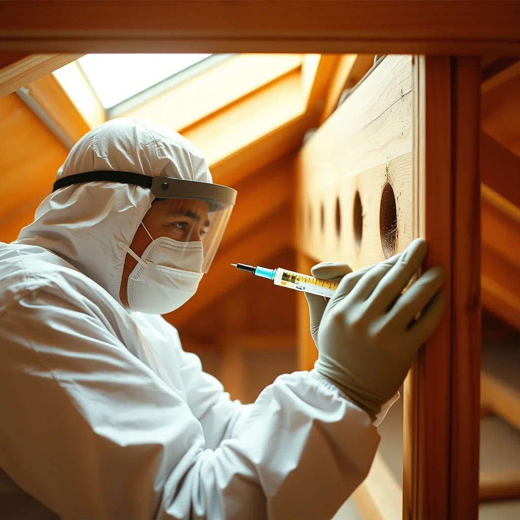 Injection d'insecticide dans les galeries de xylocopes par un technicien certifié
