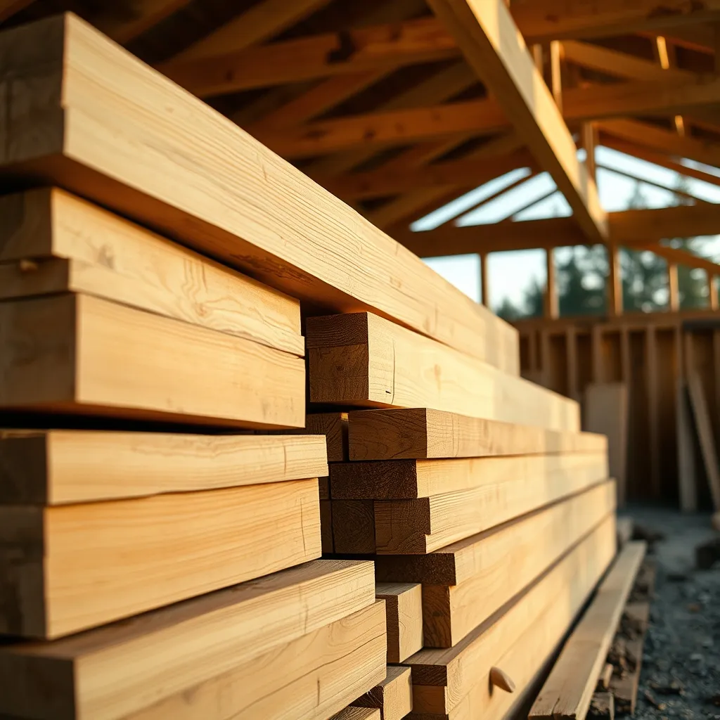 Chevrons et sablières en bois prêts à être posés sur le chantier