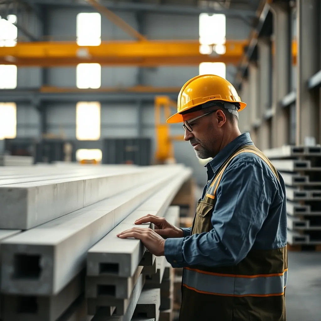 Poutres béton précontraint en attente de livraison dans une usine de préfabrication