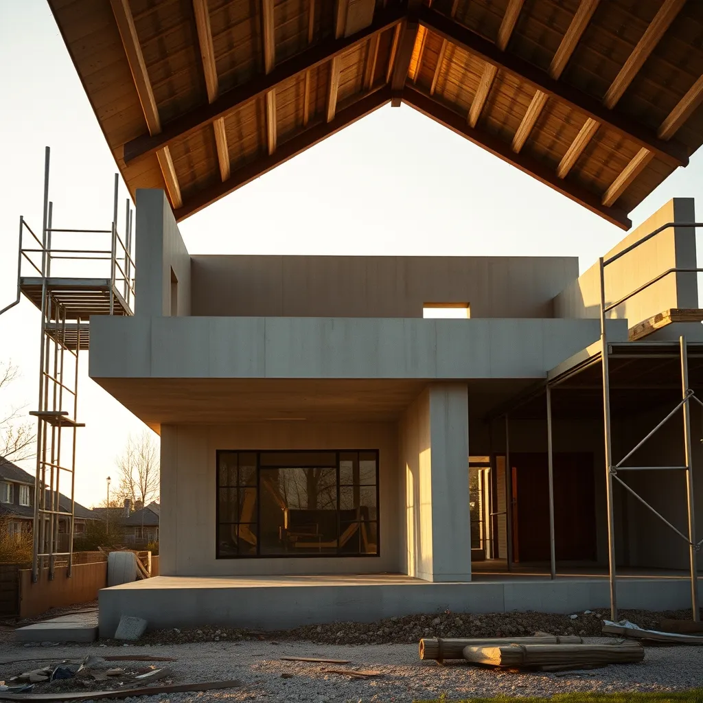 Charpente béton sur une maison individuelle à toit plat en cours de construction