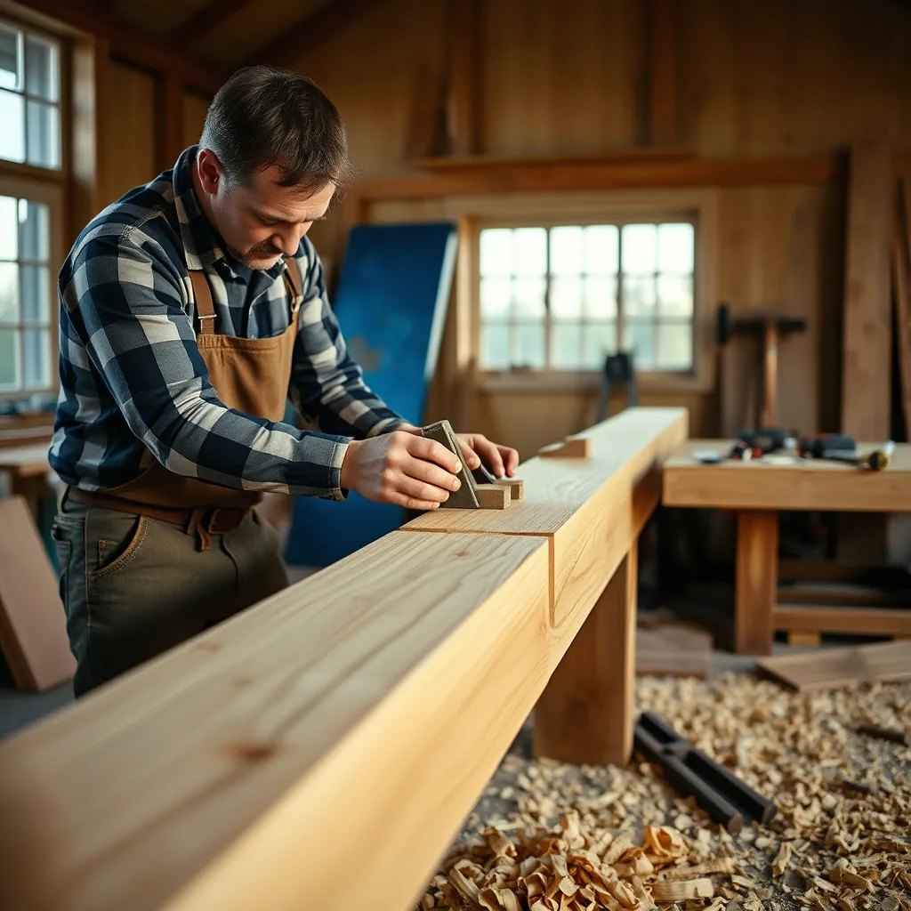 Assemblage tenon-mortaise en cours de taille sur une pièce de chêne en atelier de charpente