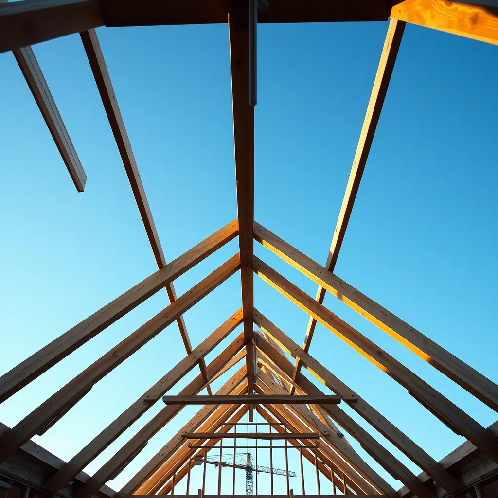 Pannes et chevrons d'une charpente traditionnelle en cours de levage sur chantier