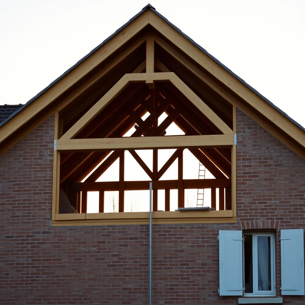 Charpente traditionnelle 2 pans terminée sur une maison individuelle, pignon visible