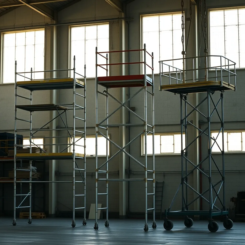 Les trois grands types d'échafaudages professionnels côte à côte dans un dépôt