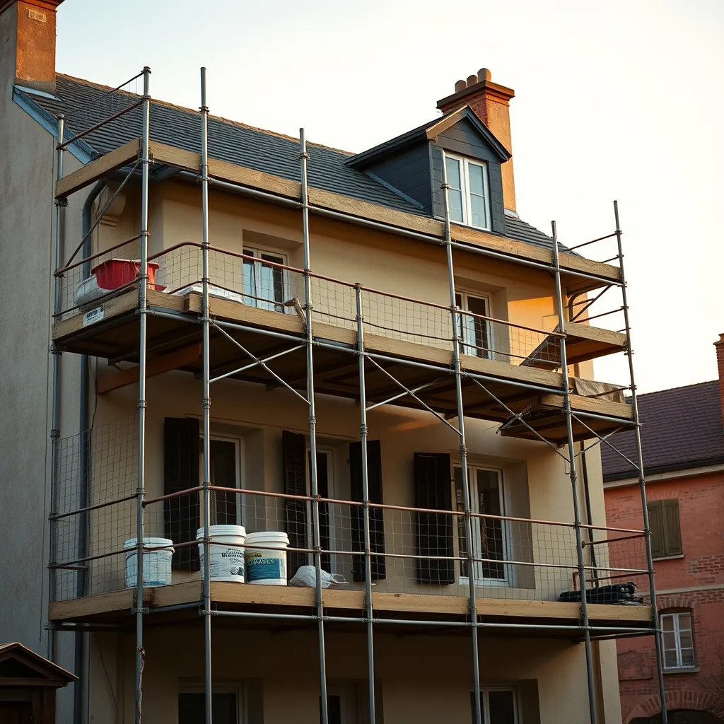 Échafaudage complet avec filets de sécurité sur un chantier de ravalement en cours