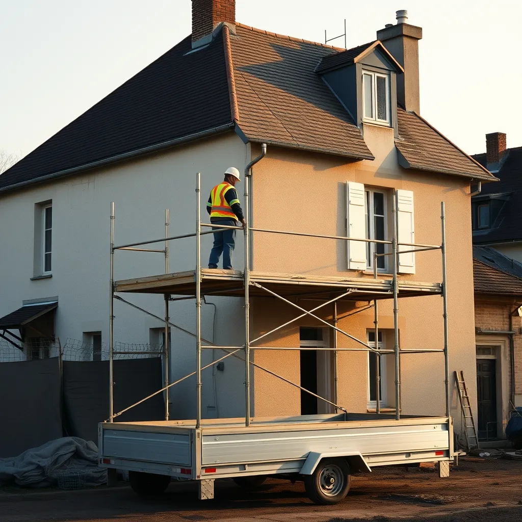 Échafaudage remorque déployé sur un chantier de ravalement de façade