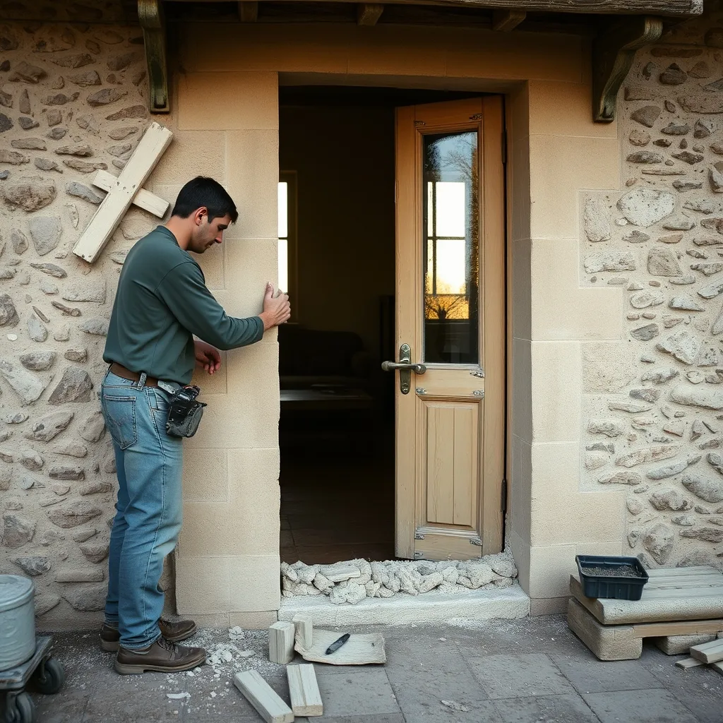 Pose d'un encadrement de porte en pierre reconstituée moulée par un façadier professionnel