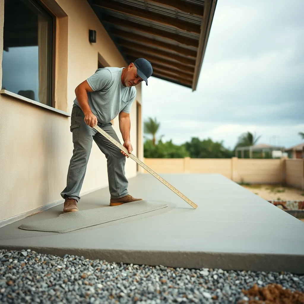 Tirage du béton à la règle aluminium pour obtenir une surface plane et régulière