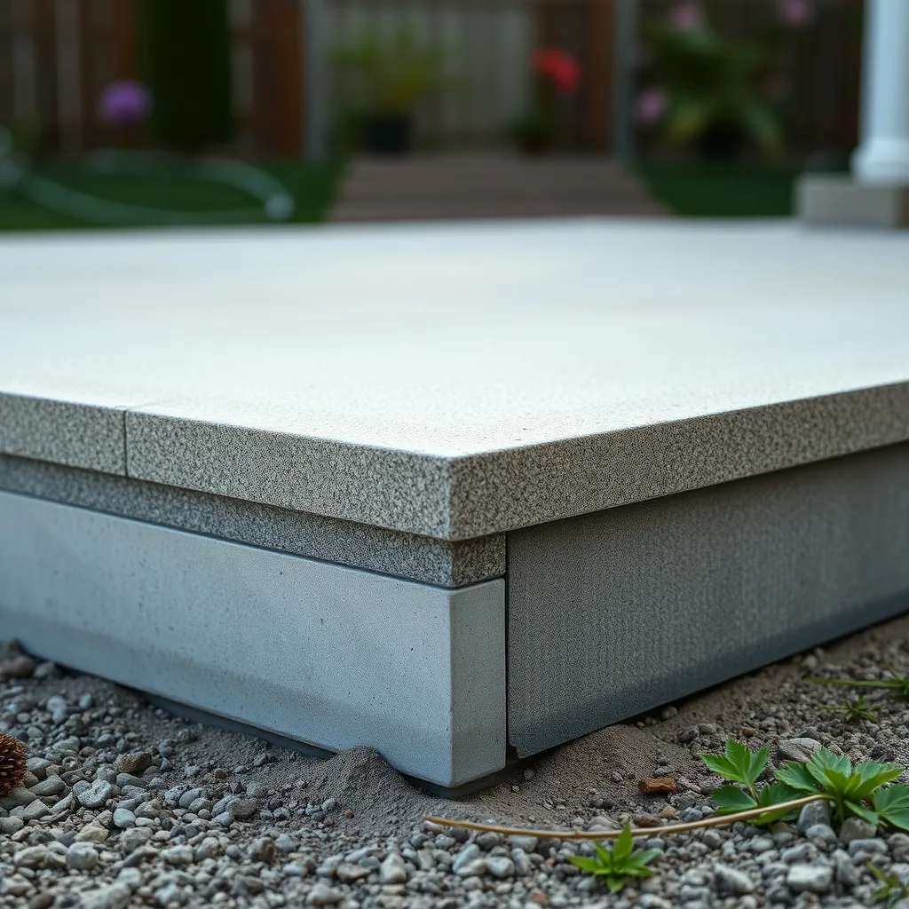 Coupe visible d'une dalle béton terrasse montrant le hérisson, le polyane et le treillis noyé
