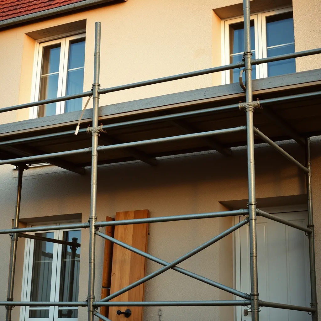 Échafaudage monté le long d'une façade résidentielle avant les travaux de peinture