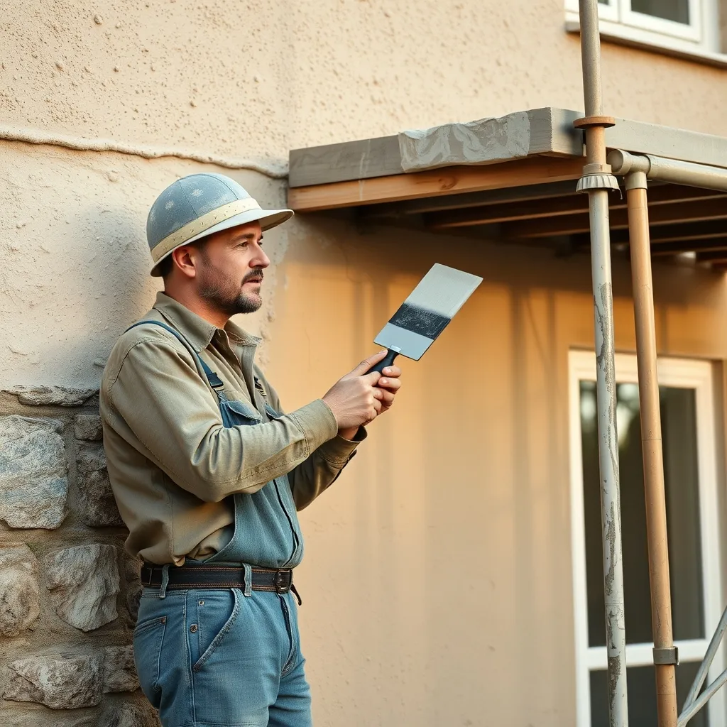 Façadier appliquant un crépi taloché à côté d'une zone en pierre apparente