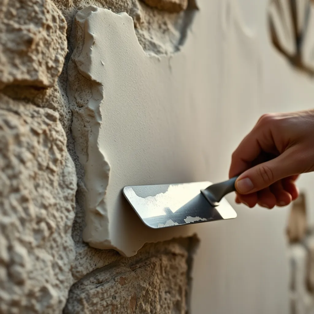 Application manuelle d'un enduit à la chaux sur un mur en pierre de moellon