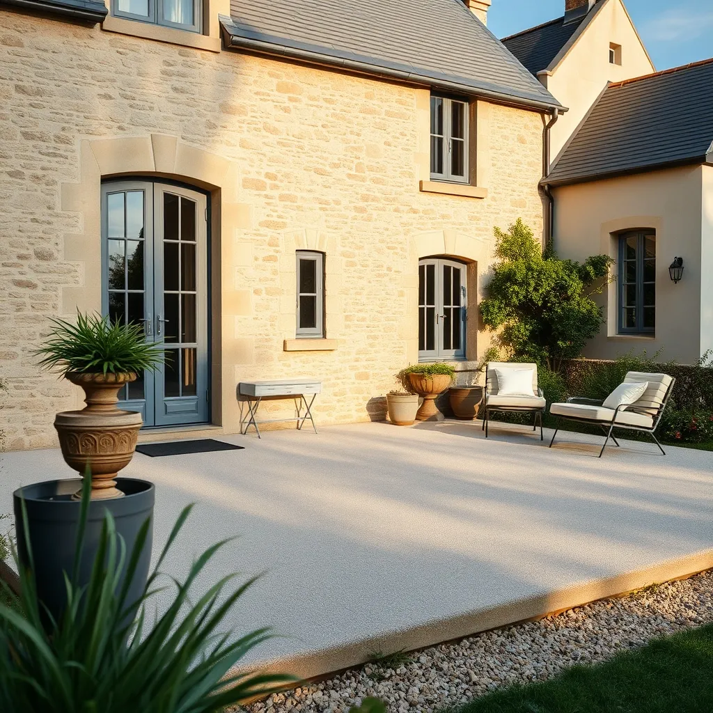 Terrasse en béton désactivé achevée contre une façade pierre et enduit