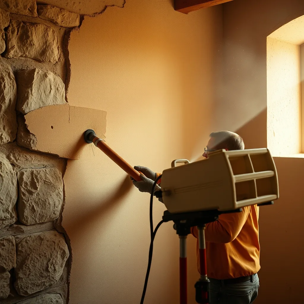 Projection d'un enduit chaux-chanvre sur un mur en pierre : une technique respectueuse du bâti ancien