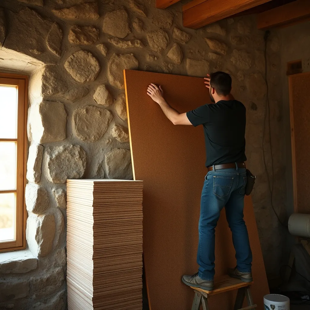 Pose de panneaux rigides en fibre de bois contre un mur en pierre : l'isolant respirant par excellence