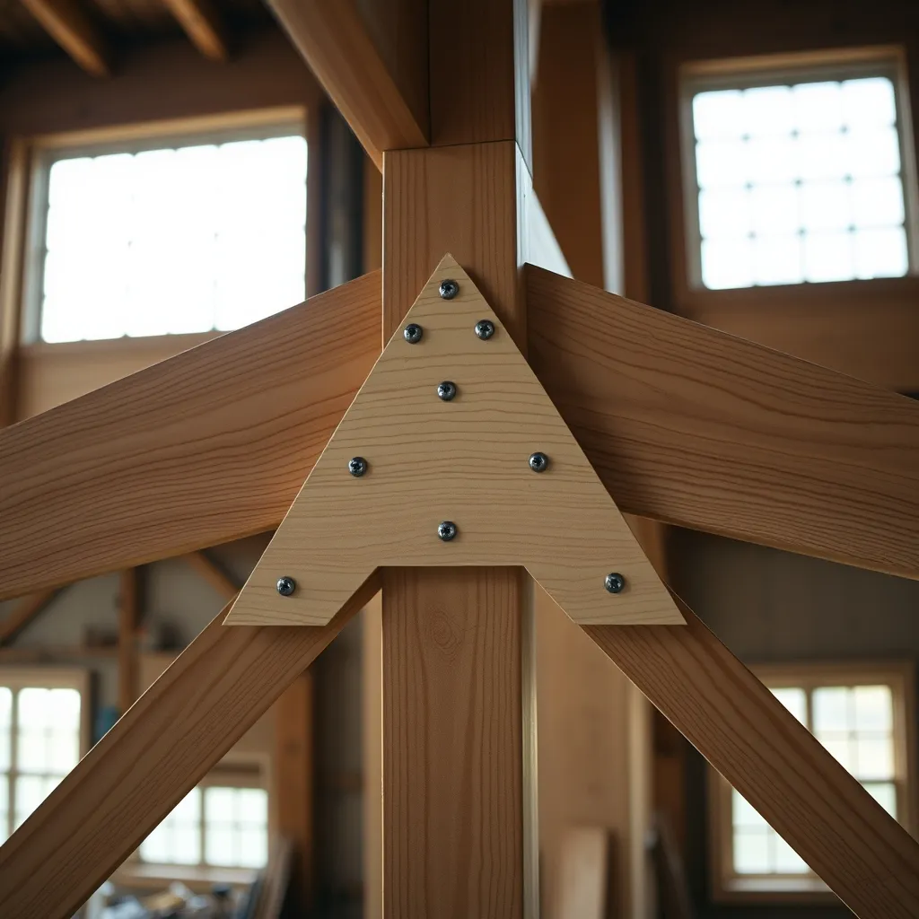Gousset triangulaire en contreplaqué fixé sur un nœud de ferme en bois