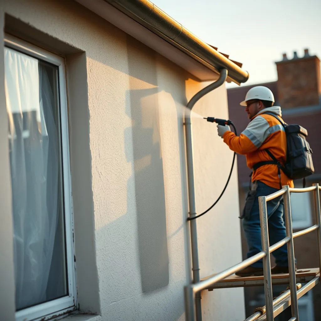 Projection d'enduit monocouche depuis un échafaudage, avec protection des ouvertures