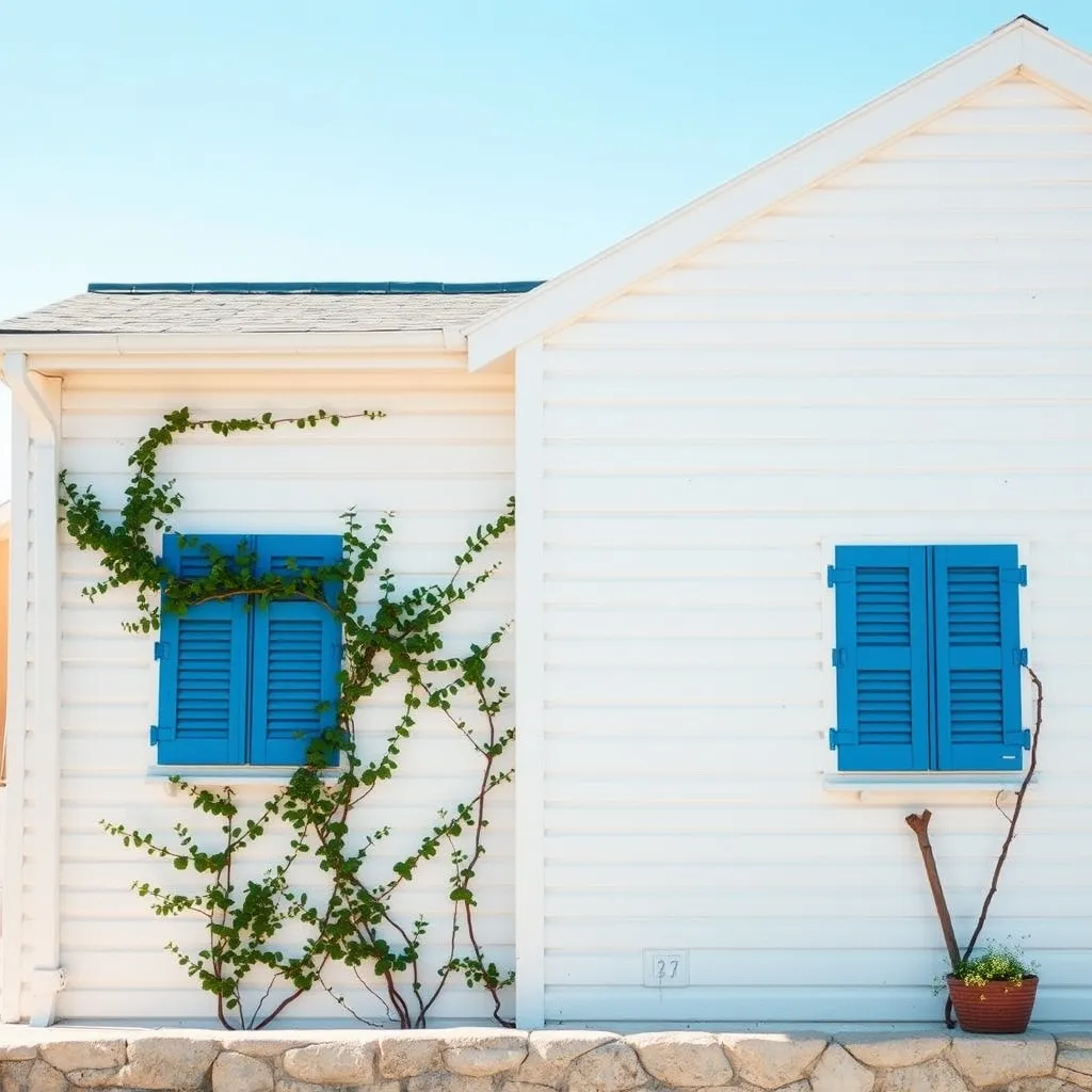 Maison bardage bois blanc esprit côtier avec volets bleus et plantes grimpantes