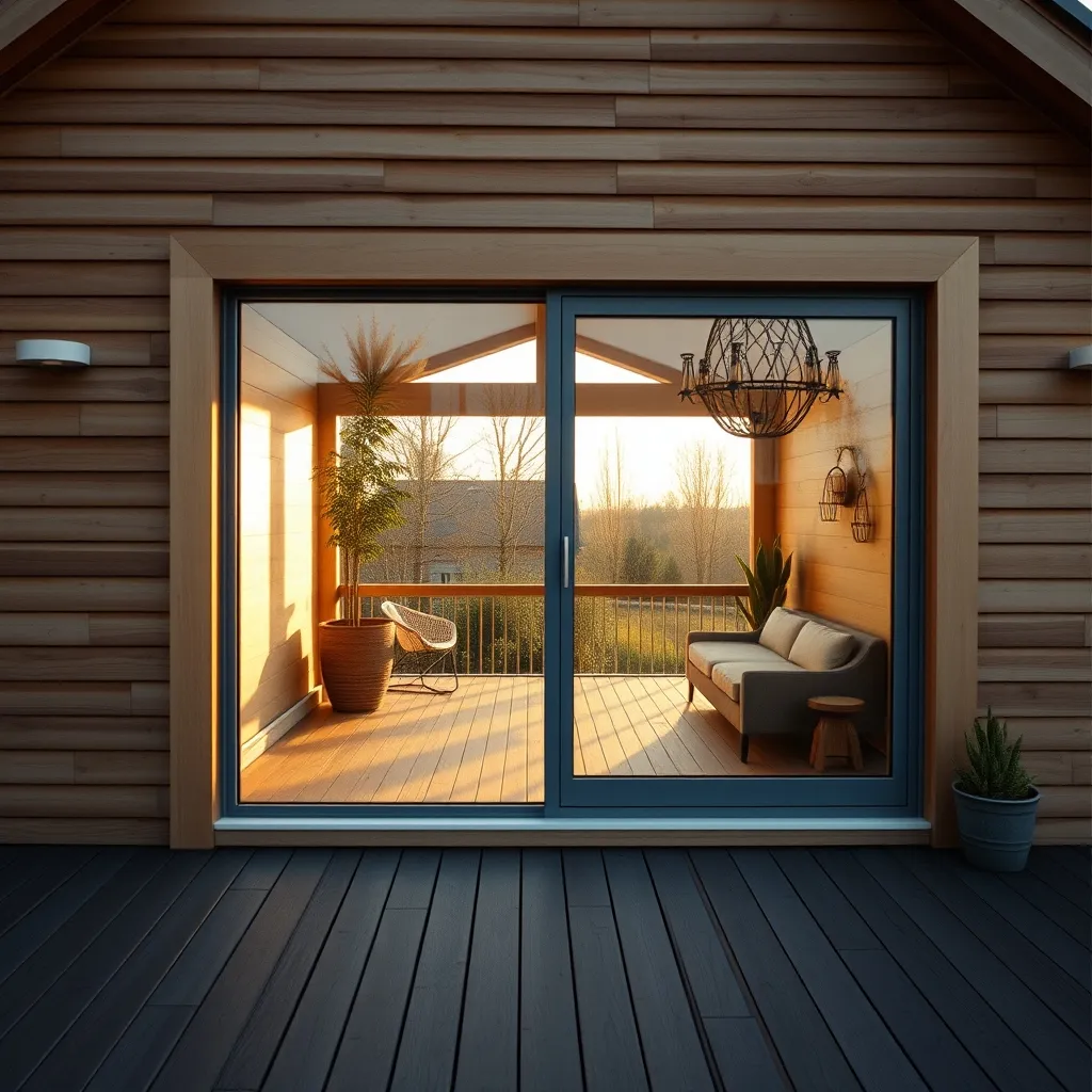 Baie coulissante aluminium ouverte sur terrasse, façade bardage bois